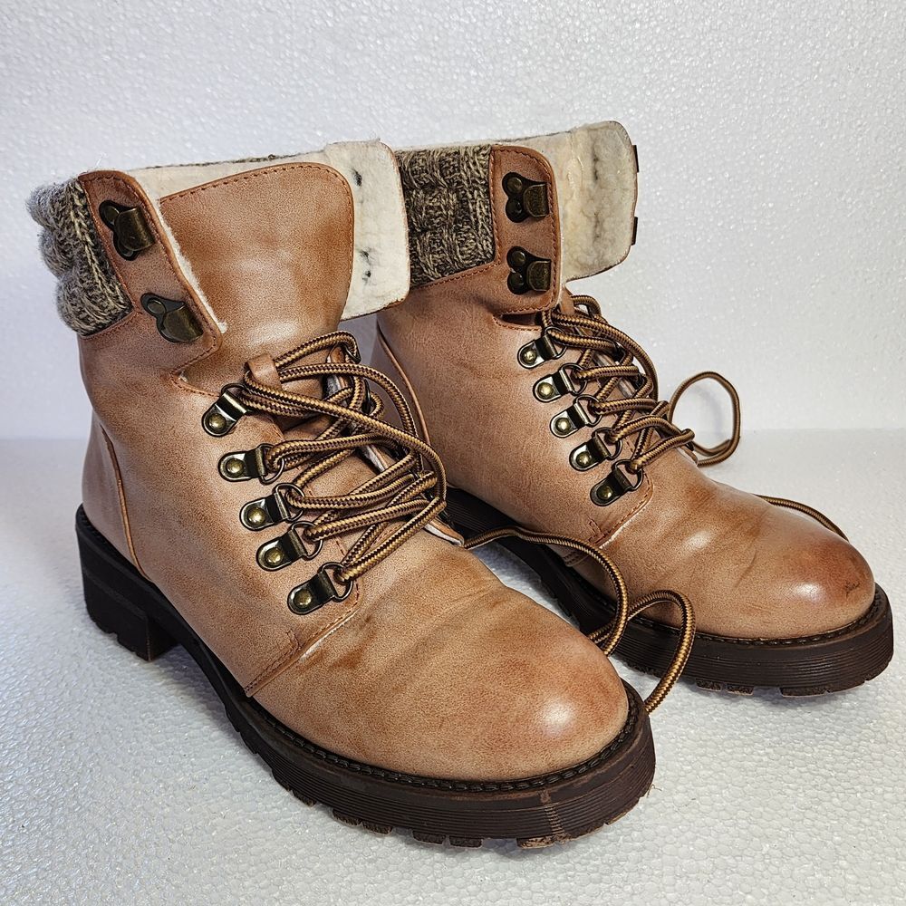 MIA Maylynn Women’s Tan Lace-Up Faux Shearling Ankle Boots